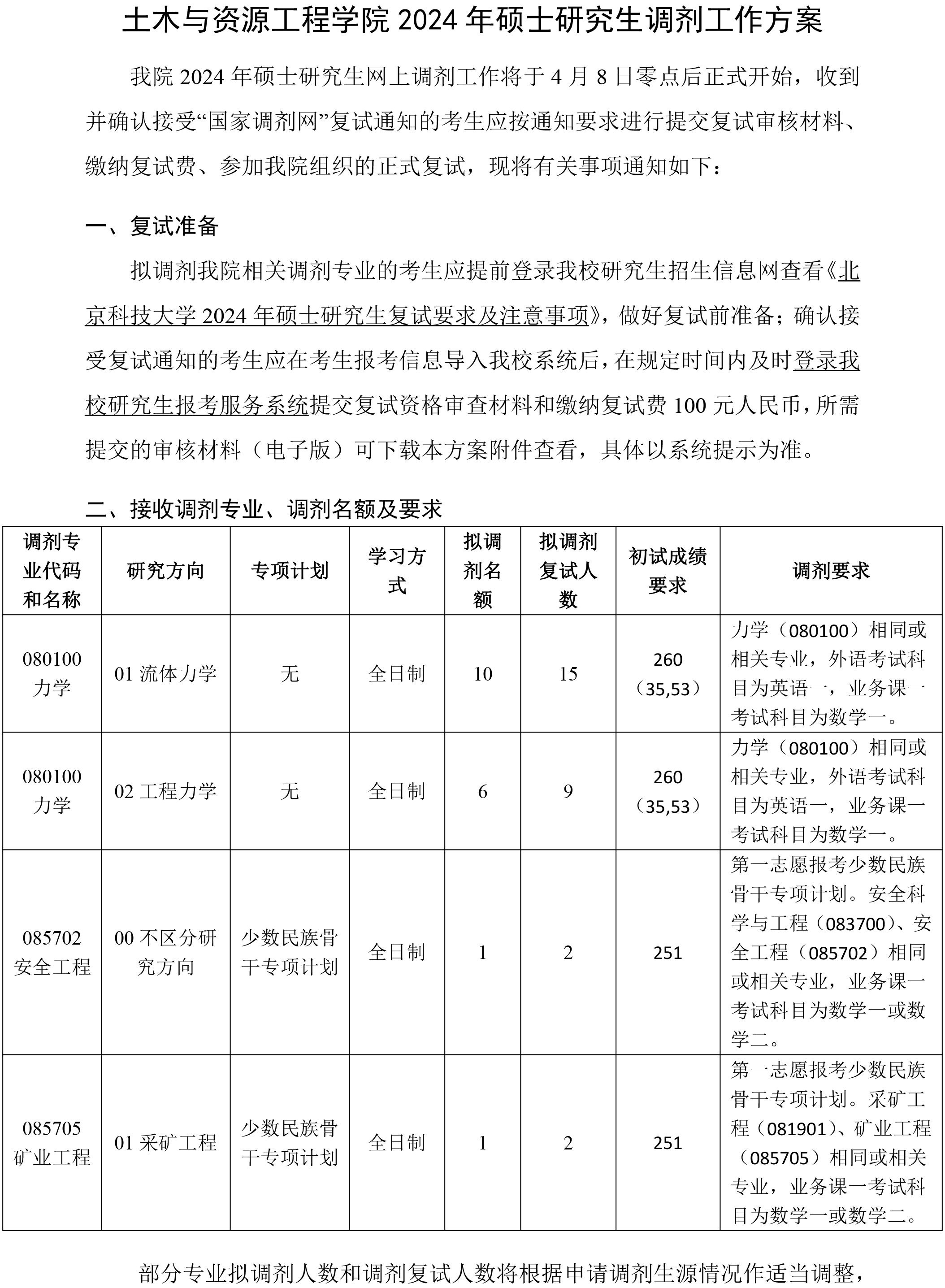 北京科技大学土木与资源工程学院2024年硕士研究生调剂工作方案